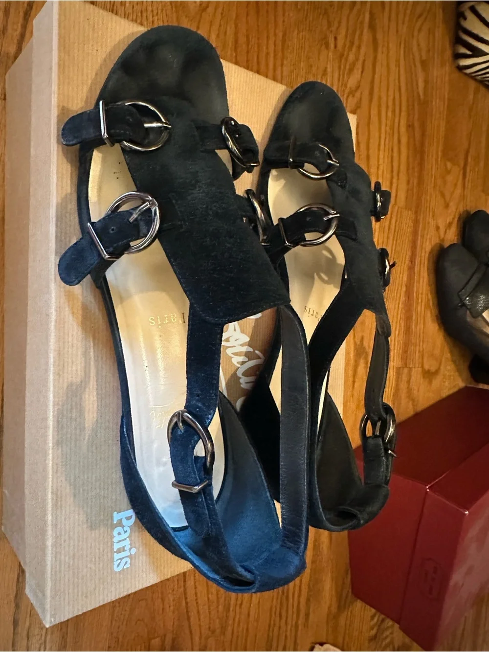 Christian Louboutin Black Suede Triple Buckle Sandals